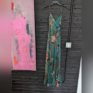 Emerald Green Floral Print Satin Maxi Dress
